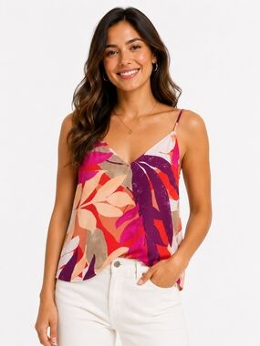 Bright tropical print cami tank top purple pink boho summer blouse xs flowy
